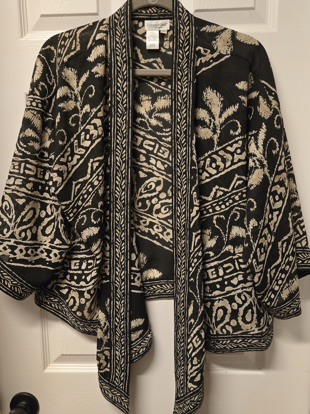 Coldwater Creek Black and Cream Open-Front Patterned Kimono Style Top